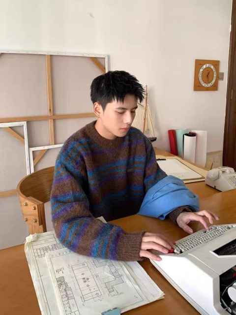 Vintage Burgundy Striped Oversized Crew Neck Sweater