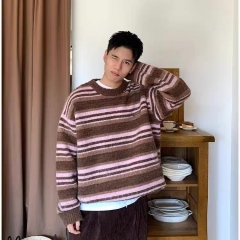 Vintage Burgundy Striped Oversized Crew Neck Sweater