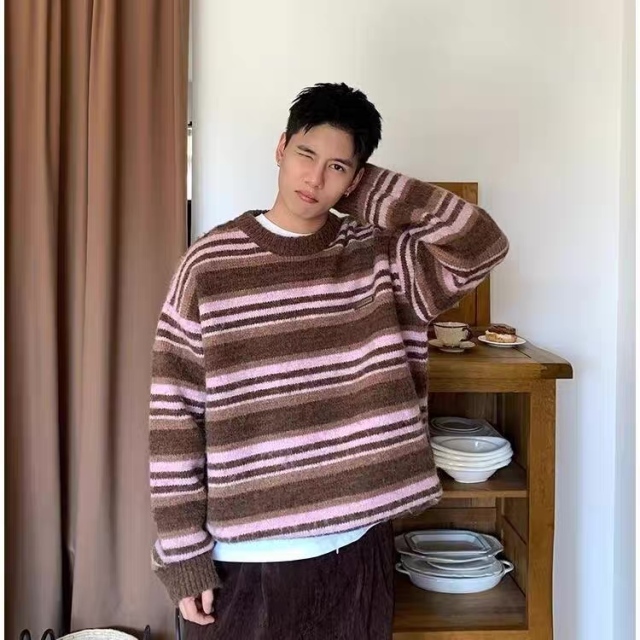 Vintage Burgundy Striped Oversized Crew Neck Sweater