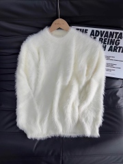 Ivory Long-Pile Fuzzy Oversized Crew Neck Sweater