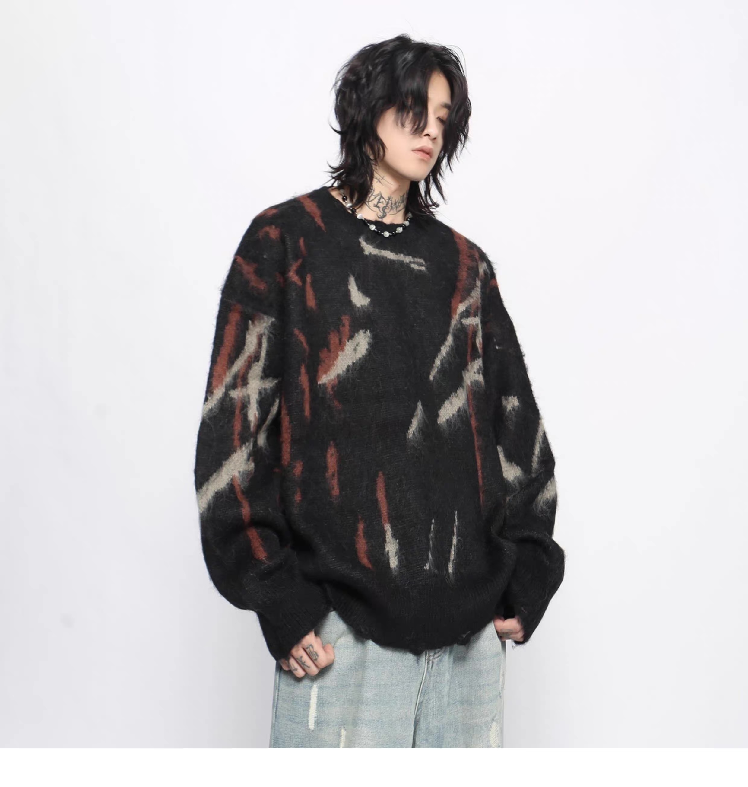Black Abstract Brushstroke Oversized Fuzzy Sweater