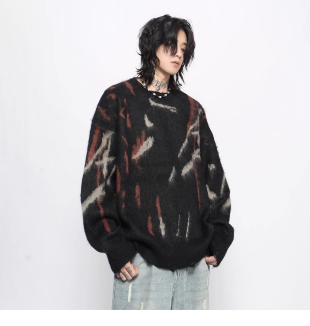 Black Abstract Brushstroke Oversized Fuzzy Sweater