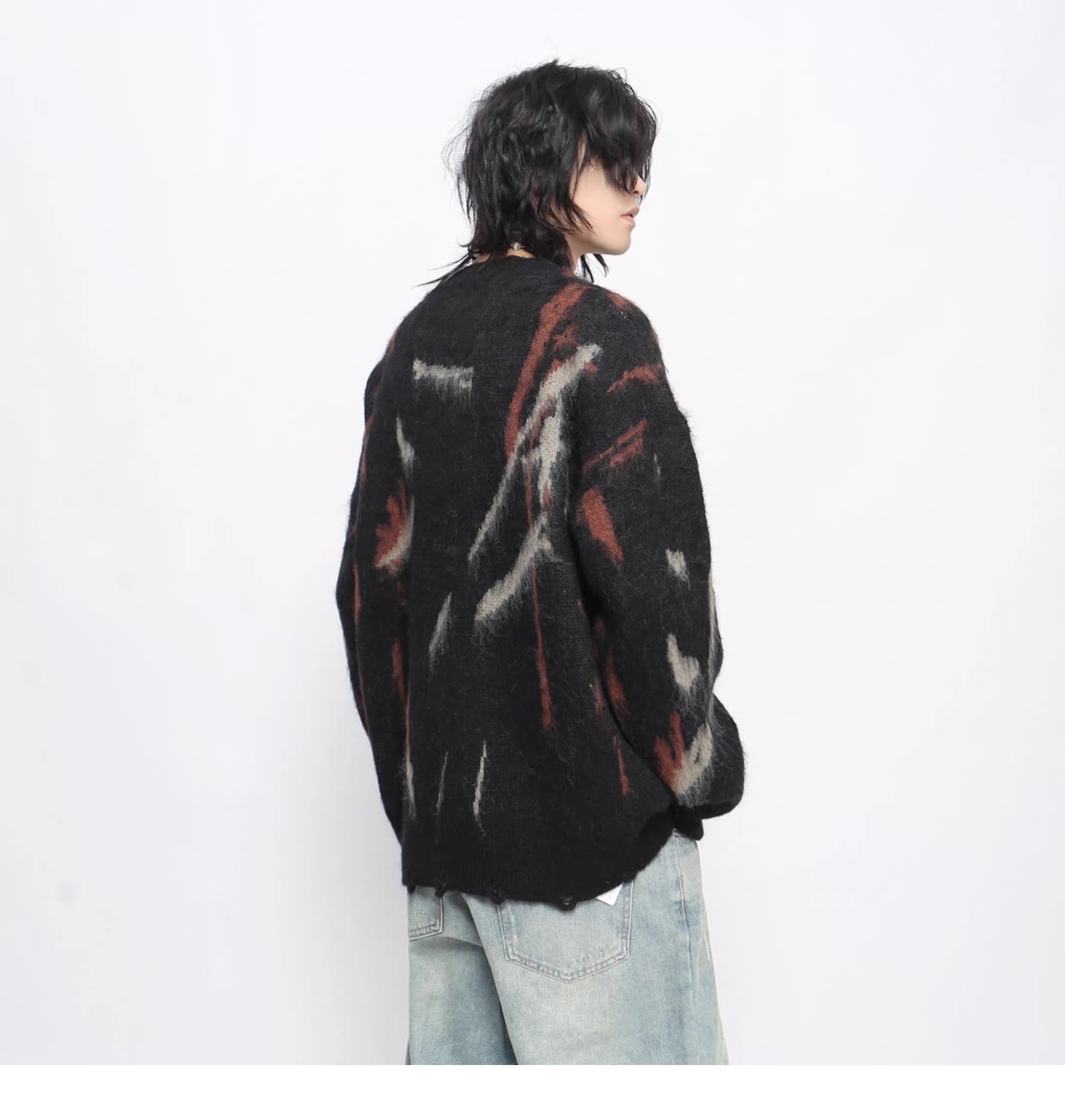 Black Abstract Brushstroke Oversized Fuzzy Sweater