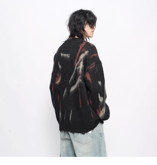 Black Abstract Brushstroke Oversized Fuzzy Sweater
