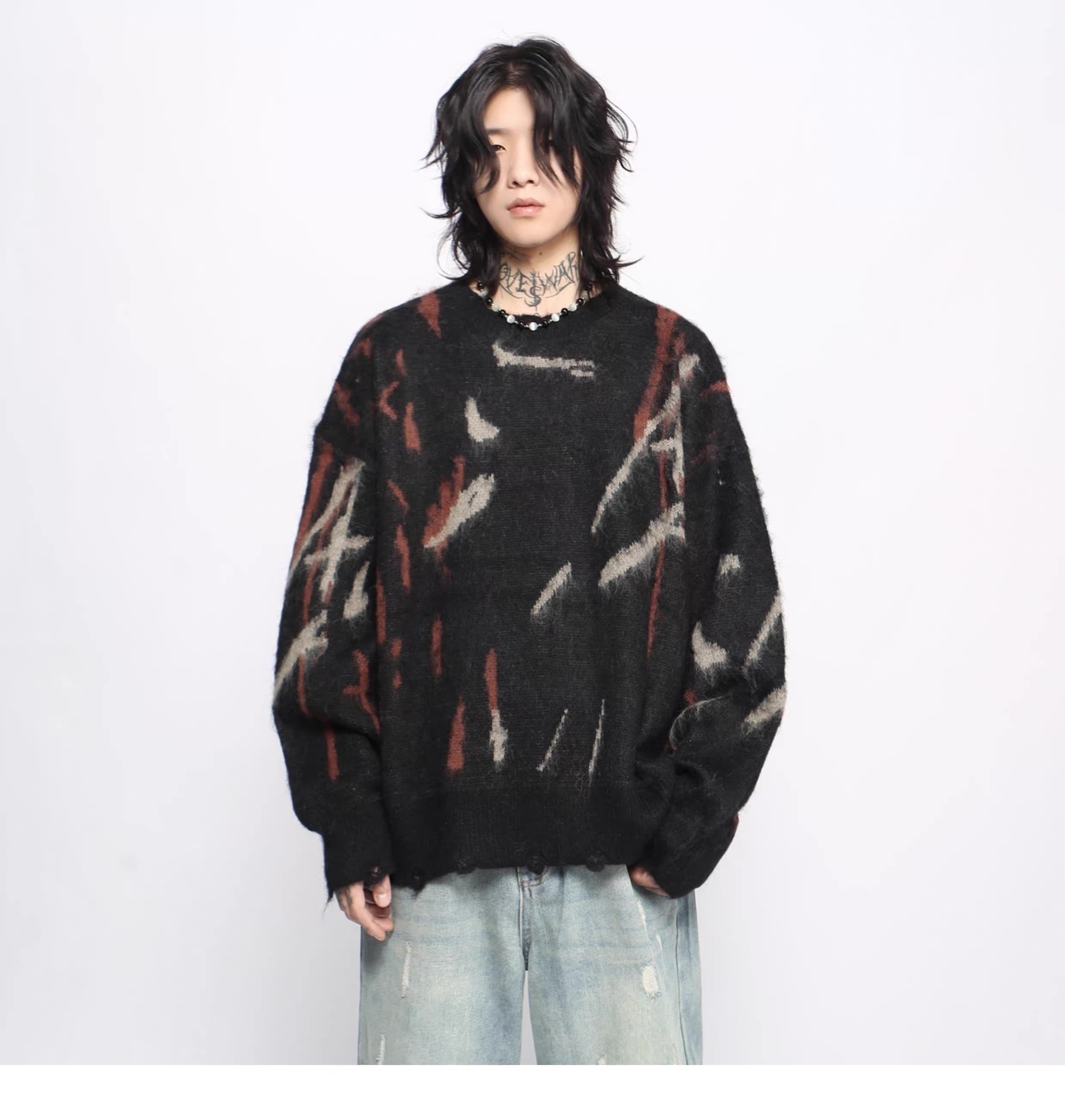 Black Abstract Brushstroke Oversized Fuzzy Sweater