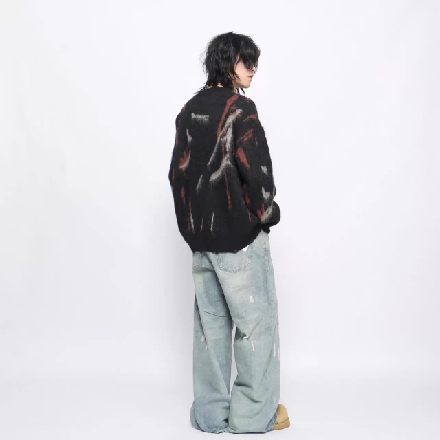 Black Abstract Brushstroke Oversized Fuzzy Sweater