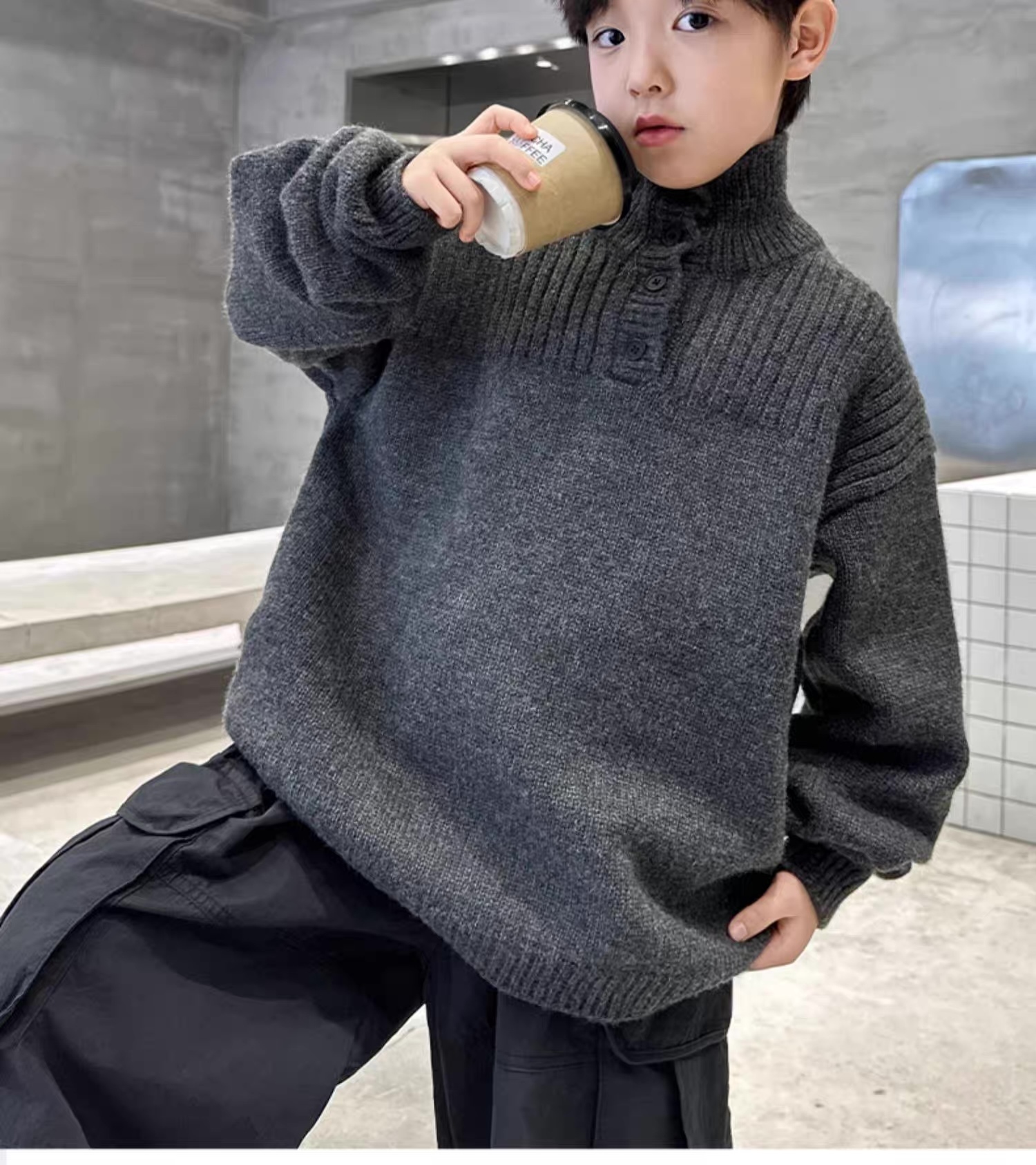 Kids’ Charcoal Ribbed Mock-Neck Button Knit Sweater