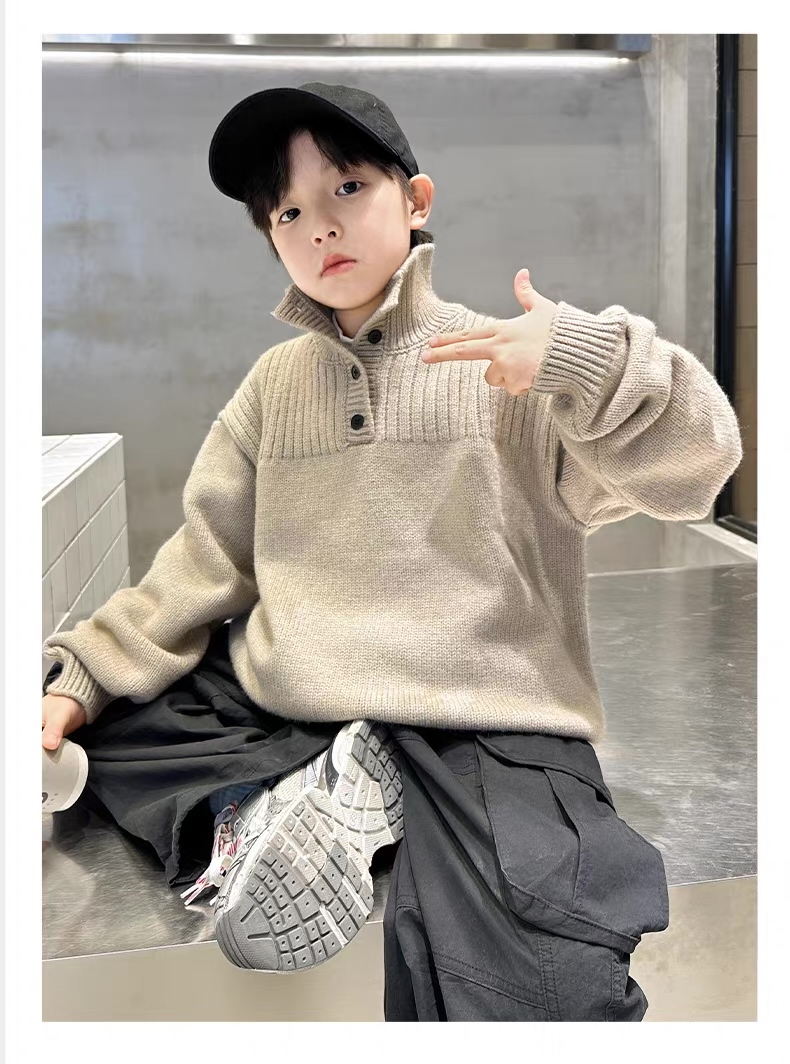 Kids’ Charcoal Ribbed Mock-Neck Button Knit Sweater