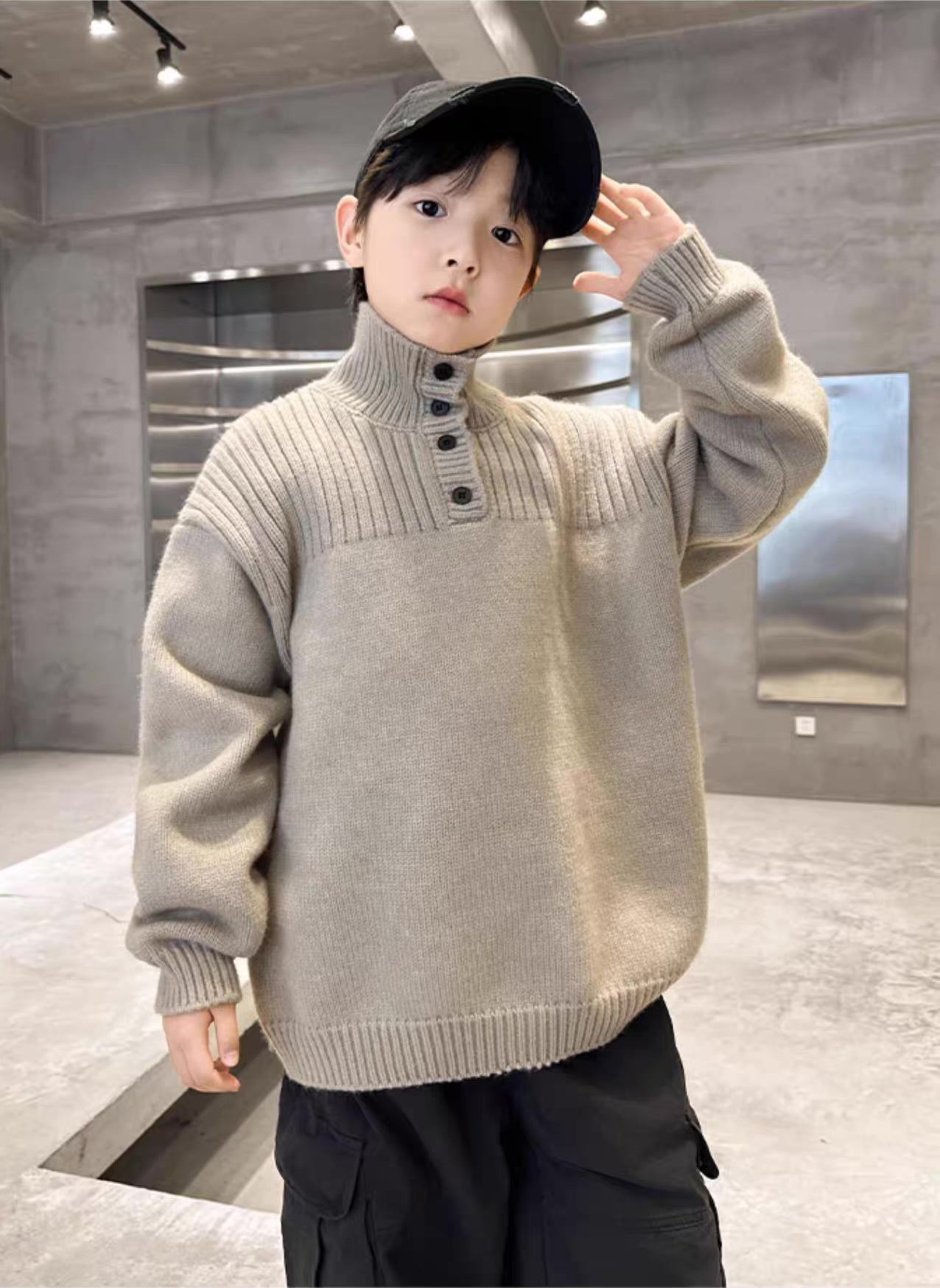Kids’ Charcoal Ribbed Mock-Neck Button Knit Sweater