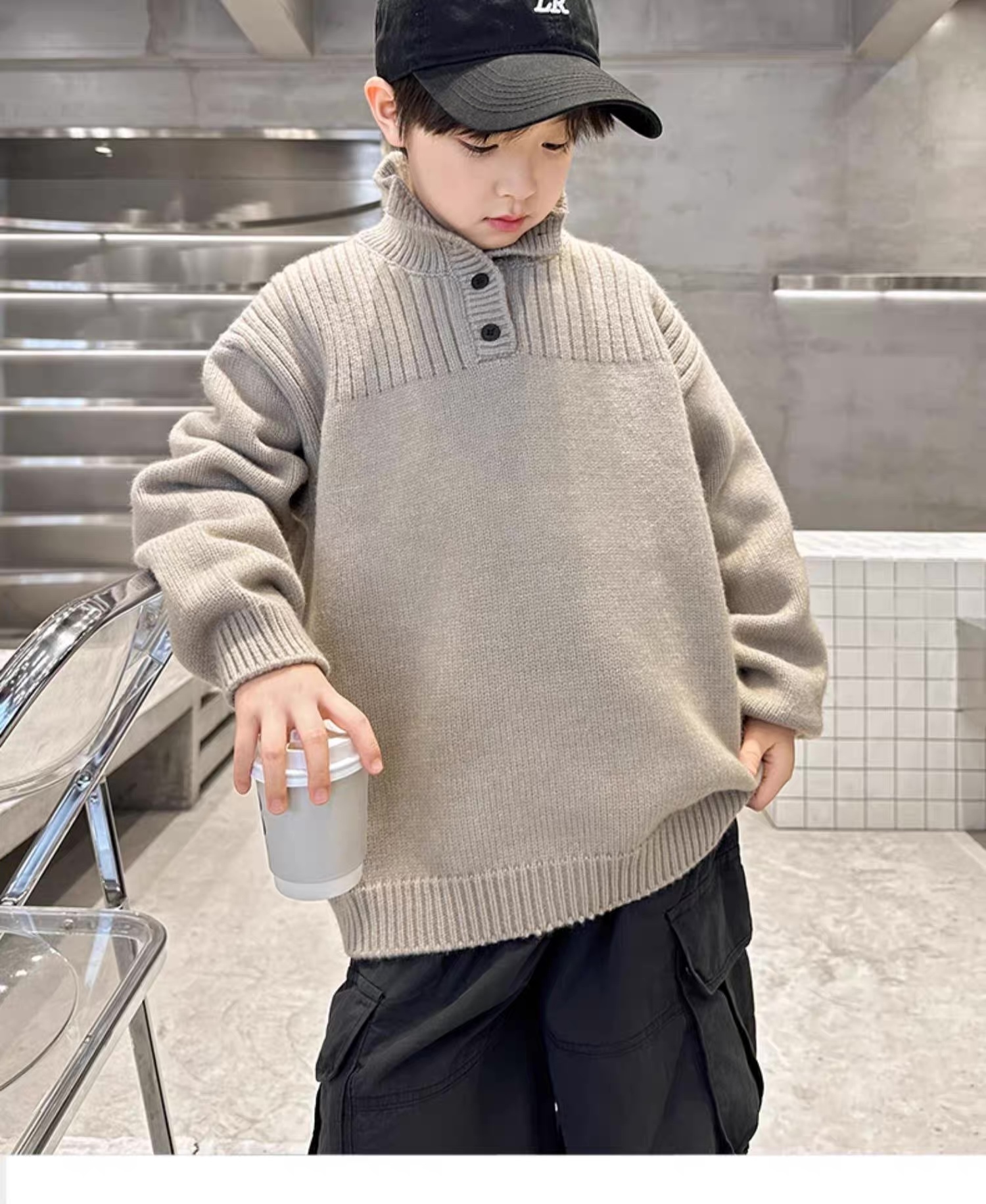 Kids’ Charcoal Ribbed Mock-Neck Button Knit Sweater