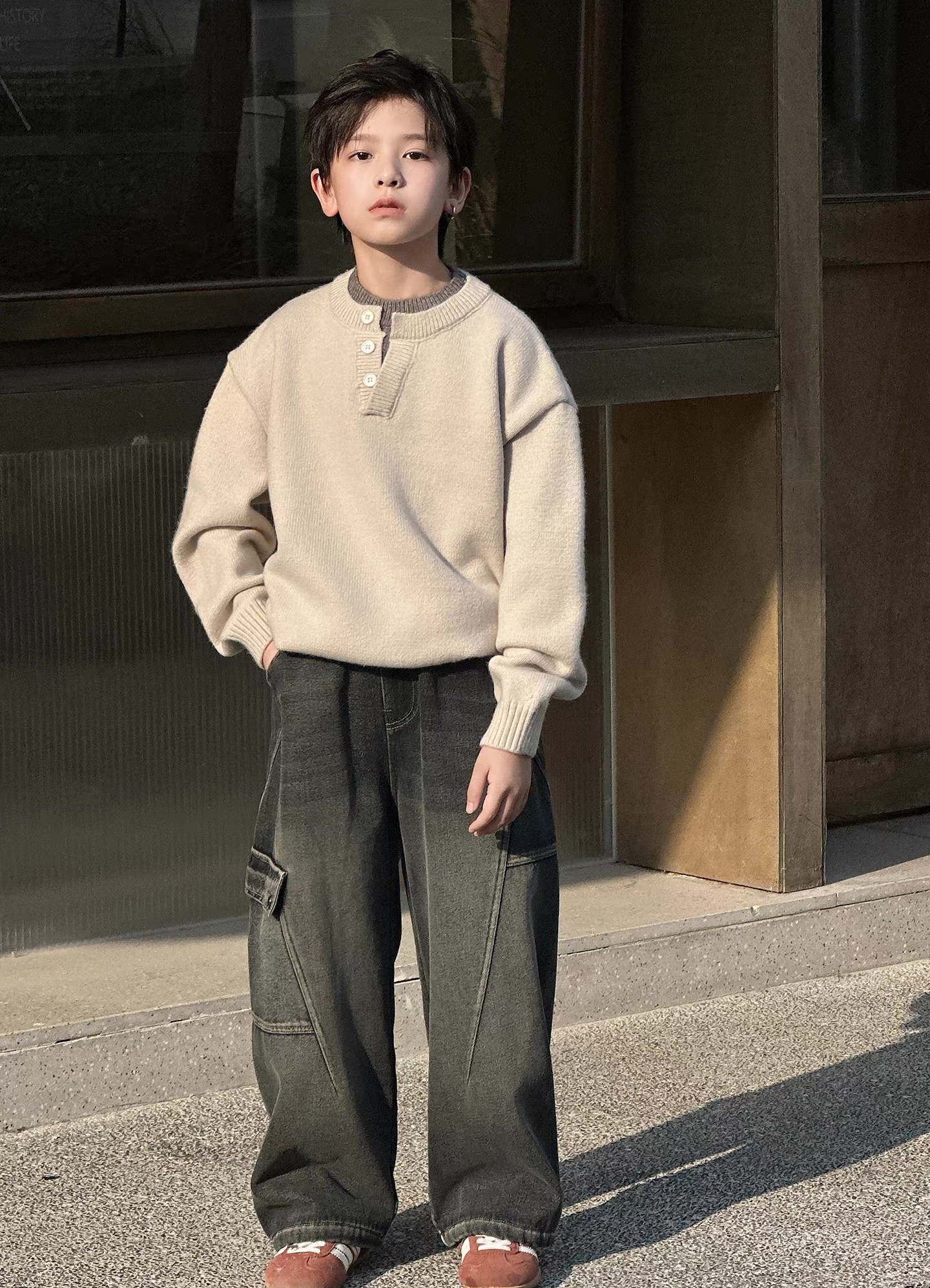Kids’ Oatmeal Henley-Neck Relaxed Knit Sweater