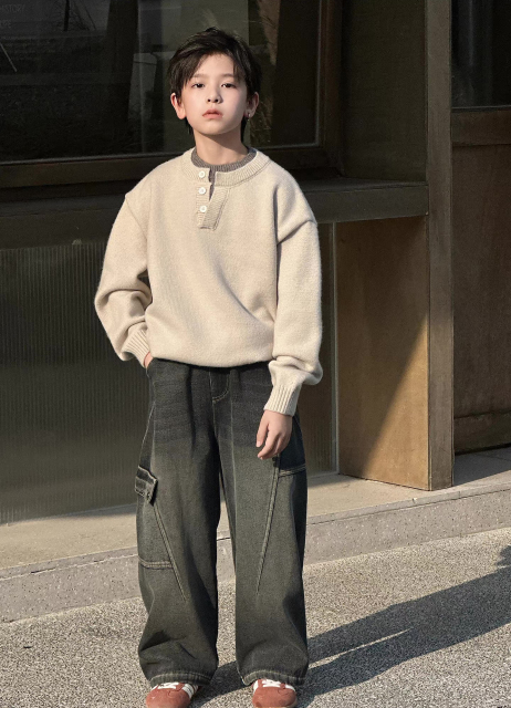 Kids’ Oatmeal Henley-Neck Relaxed Knit Sweater