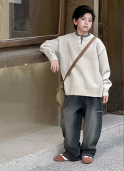 Kids’ Oatmeal Henley-Neck Relaxed Knit Sweater