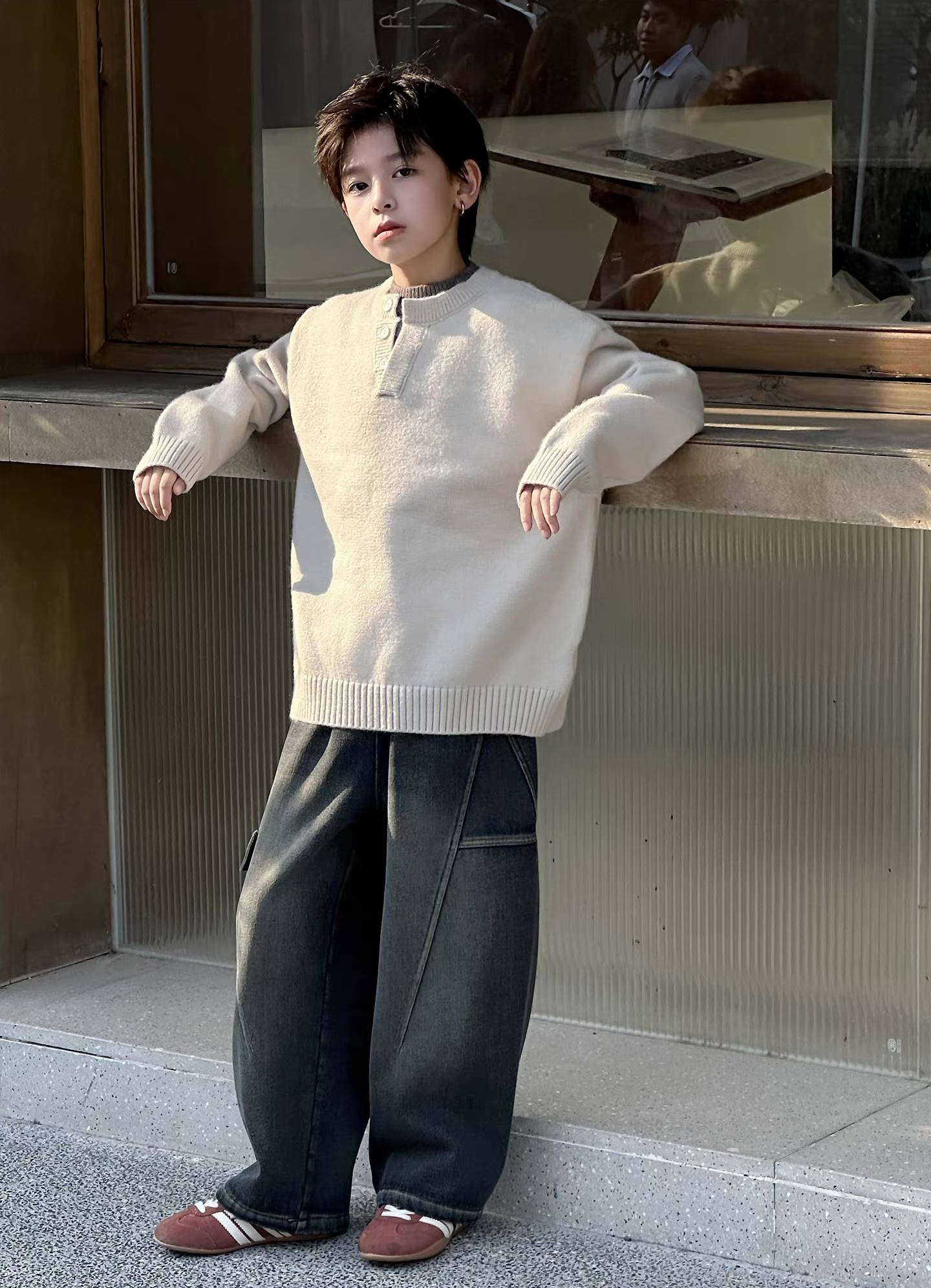 Kids’ Oatmeal Henley-Neck Relaxed Knit Sweater