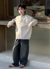 Kids’ Oatmeal Henley-Neck Relaxed Knit Sweater