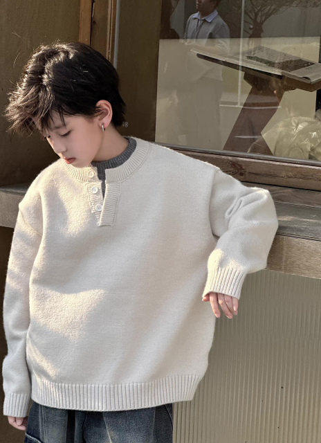 Kids’ Oatmeal Henley-Neck Relaxed Knit Sweater
