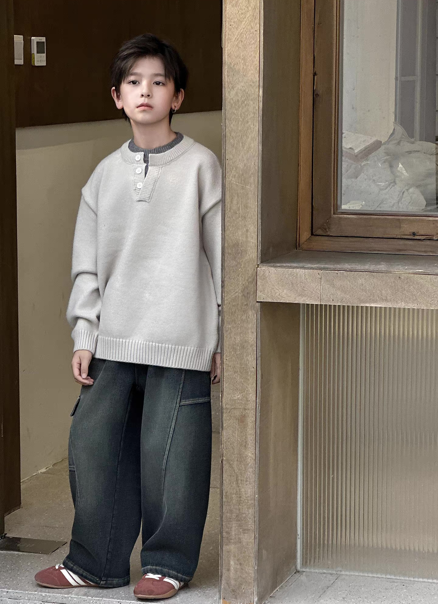Kids’ Oatmeal Henley-Neck Relaxed Knit Sweater
