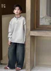 Kids’ Oatmeal Henley-Neck Relaxed Knit Sweater