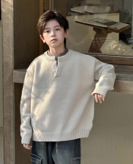 Kids’ Oatmeal Henley-Neck Relaxed Knit Sweater