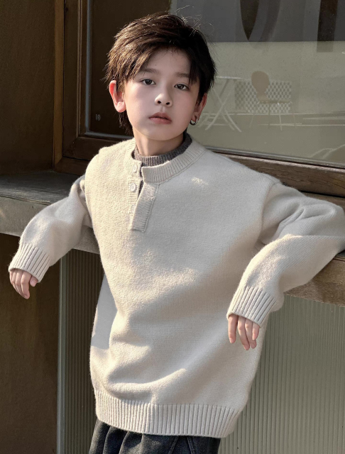 Kids’ Oatmeal Henley-Neck Relaxed Knit Sweater