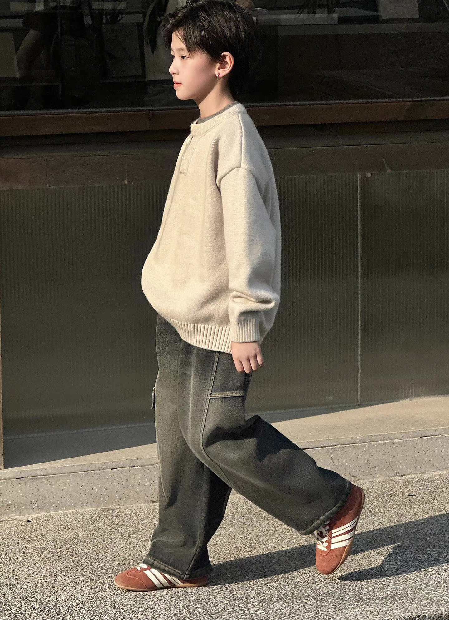 Kids’ Oatmeal Henley-Neck Relaxed Knit Sweater
