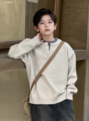Kids’ Oatmeal Henley-Neck Relaxed Knit Sweater