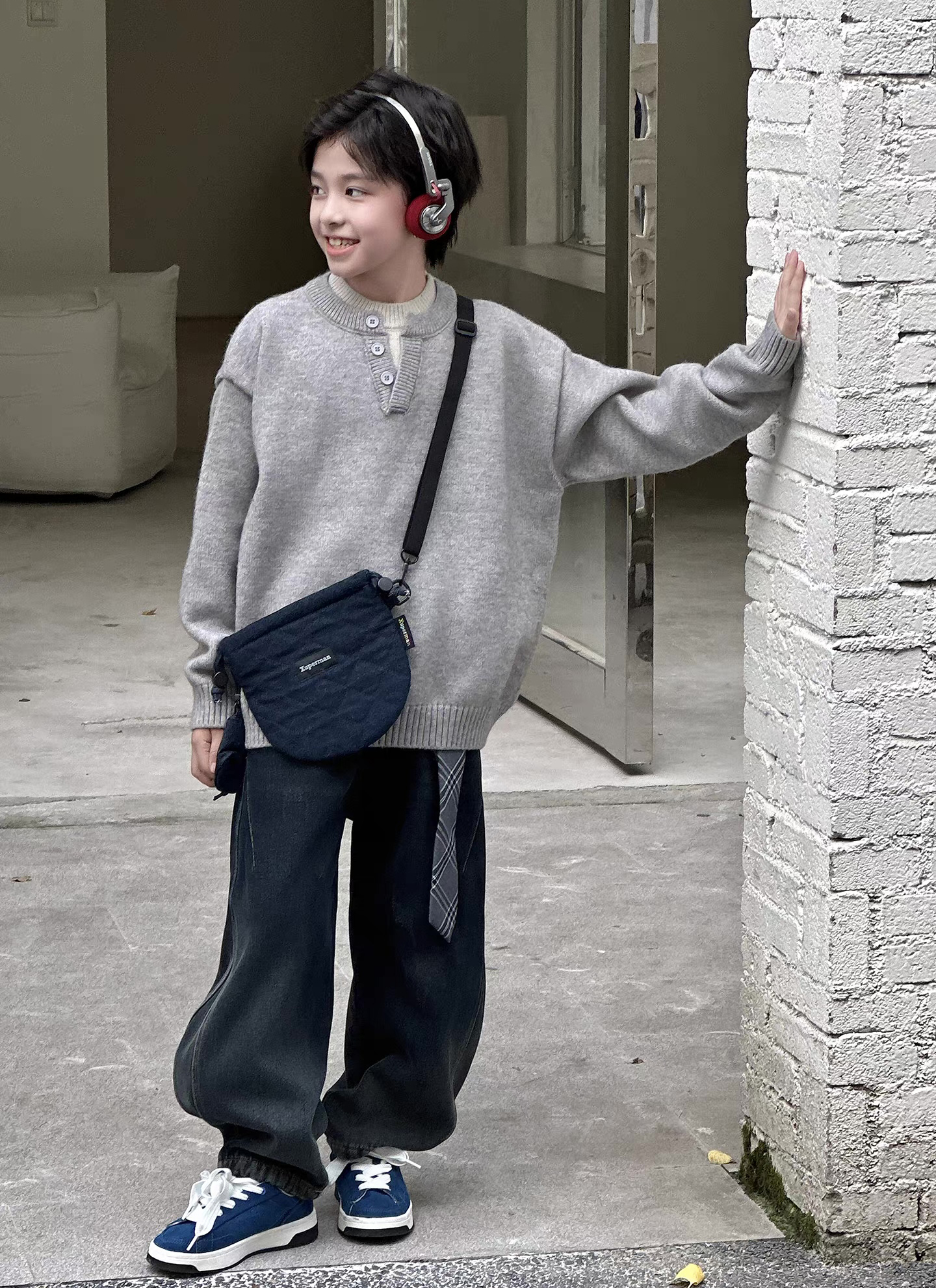 Kids’ Oatmeal Henley-Neck Relaxed Knit Sweater