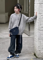 Kids’ Oatmeal Henley-Neck Relaxed Knit Sweater