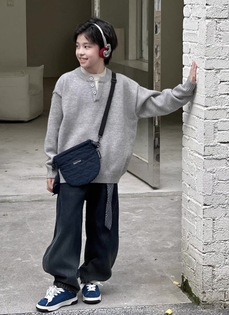 Kids’ Oatmeal Henley-Neck Relaxed Knit Sweater