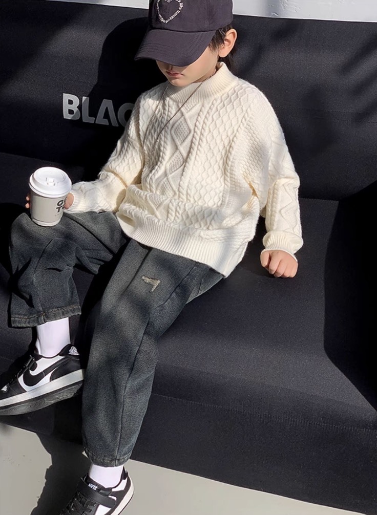 Kids’ Ivory Cable-Knit Mock-Neck Sweater