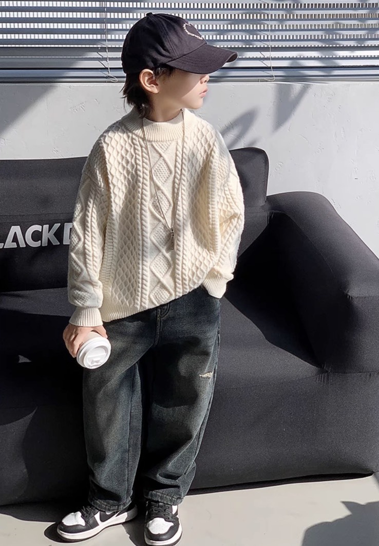 Kids’ Ivory Cable-Knit Mock-Neck Sweater