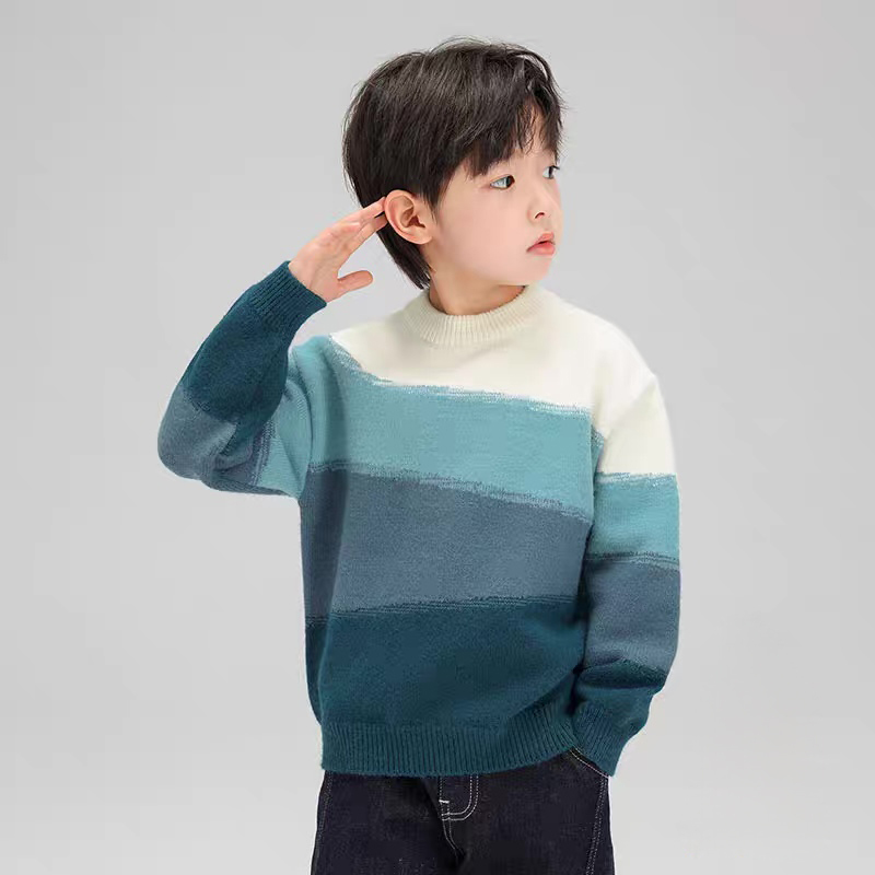 Kids’ Teal Gradient Color-Block Mock-Neck Knit Sweater