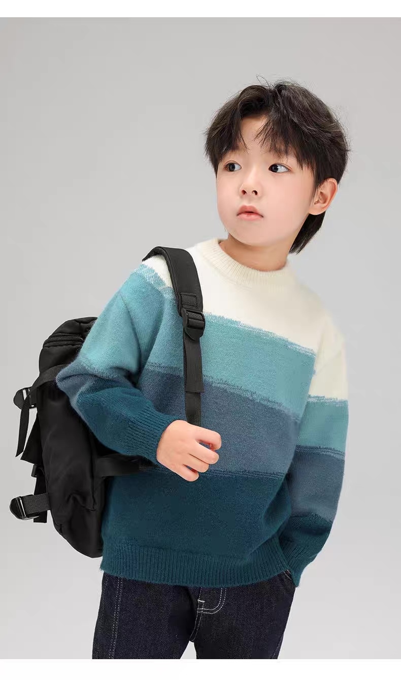 Kids’ Teal Gradient Color-Block Mock-Neck Knit Sweater