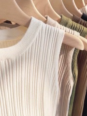 Women’s Ivory Ribbed High-Neck Sleeveless Knit Top