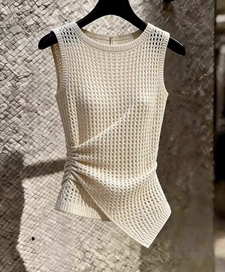 Women’s Ivory Open-Knit Ruched Asymmetric Sleeveless Top