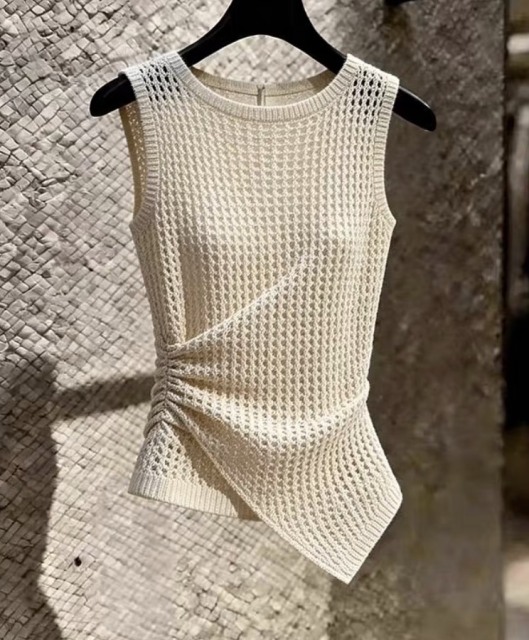 Women’s Ivory Open-Knit Ruched Asymmetric Sleeveless Top