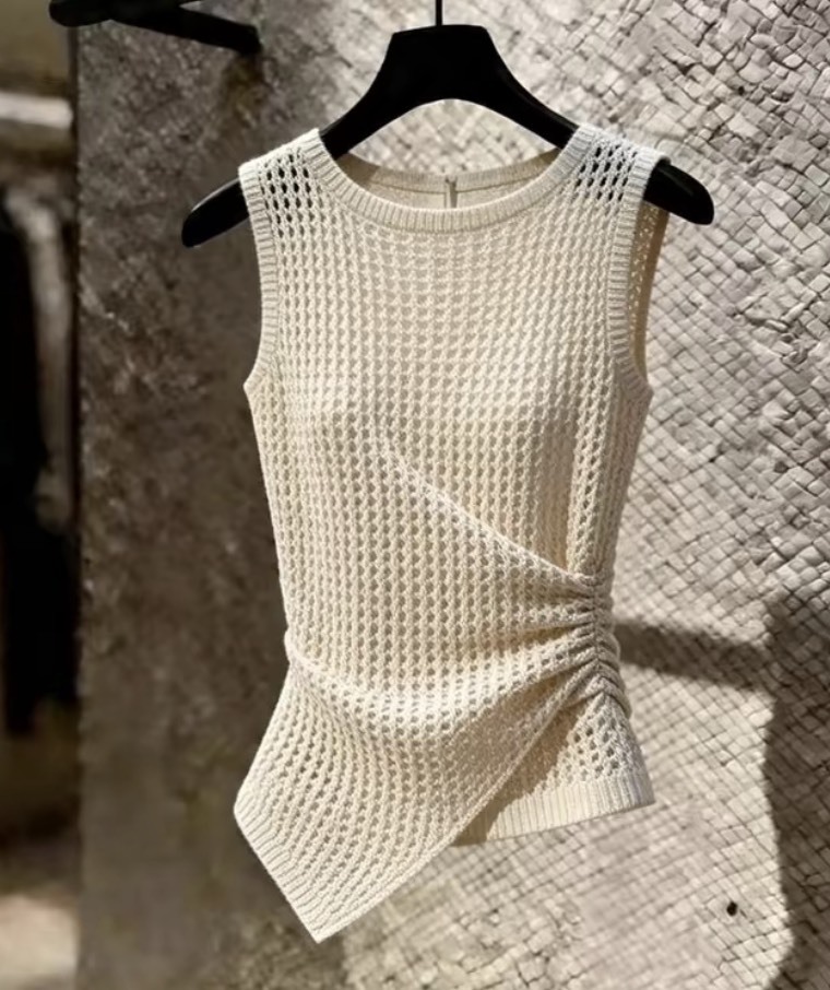 Women’s Ivory Open-Knit Ruched Asymmetric Sleeveless Top