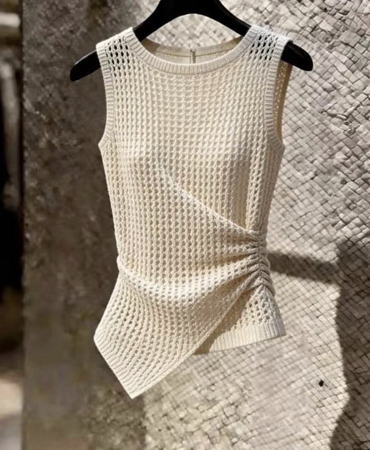 Women’s Ivory Open-Knit Ruched Asymmetric Sleeveless Top