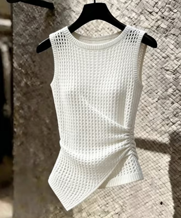 Women’s Ivory Open-Knit Ruched Asymmetric Sleeveless Top