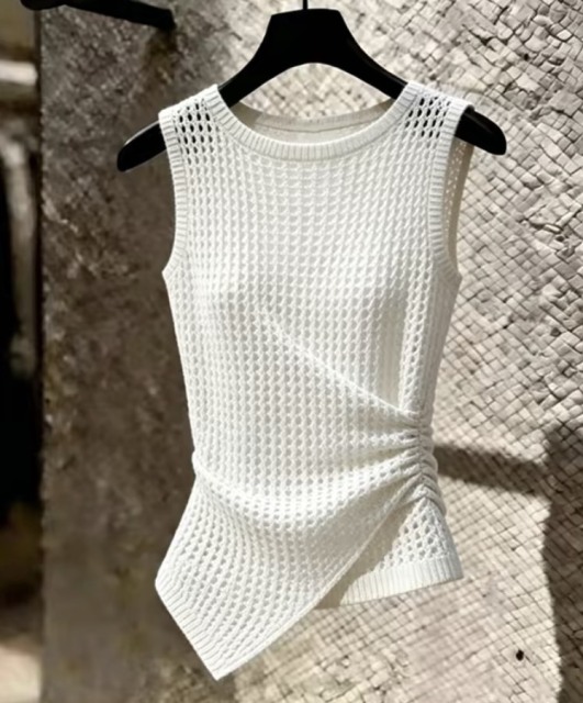 Women’s Ivory Open-Knit Ruched Asymmetric Sleeveless Top