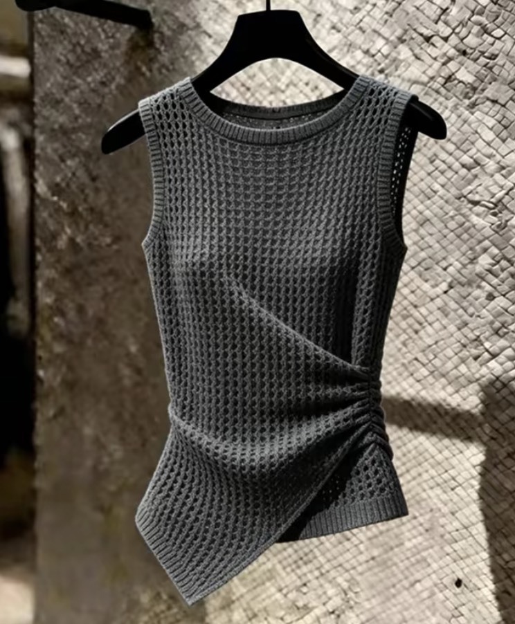 Women’s Ivory Open-Knit Ruched Asymmetric Sleeveless Top