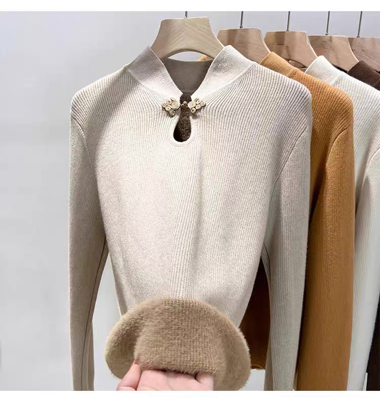 Elegant Mandarin Collar Ribbed Knit Sweater with Plush Cuffs & Floral Frog Closure