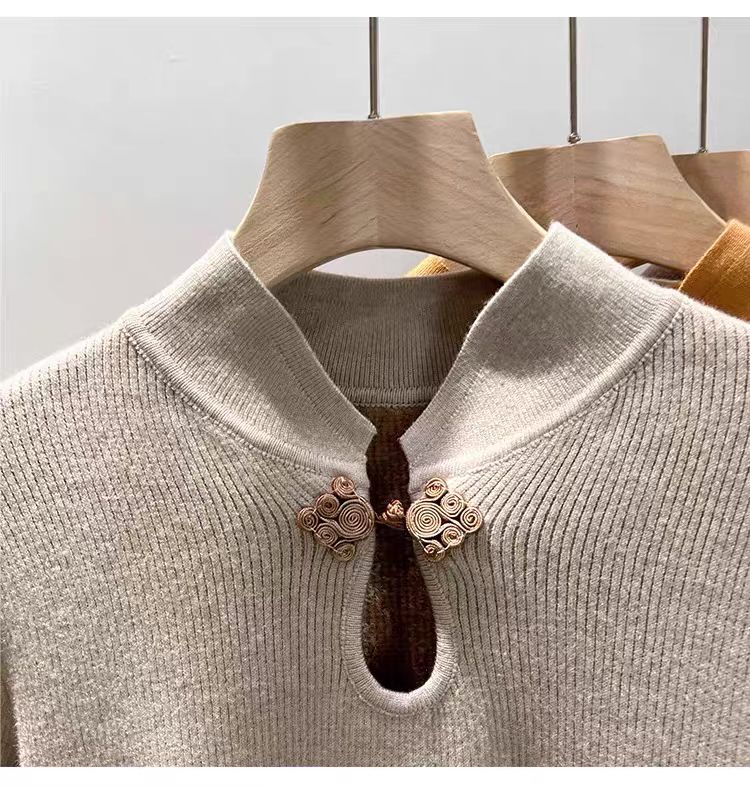 Elegant Mandarin Collar Ribbed Knit Sweater with Plush Cuffs & Floral Frog Closure