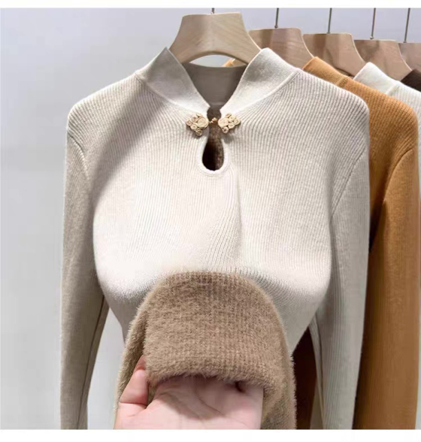 Elegant Mandarin Collar Ribbed Knit Sweater with Plush Cuffs & Floral Frog Closure