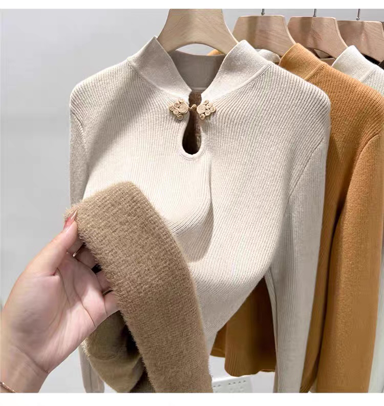 Elegant Mandarin Collar Ribbed Knit Sweater with Plush Cuffs & Floral Frog Closure