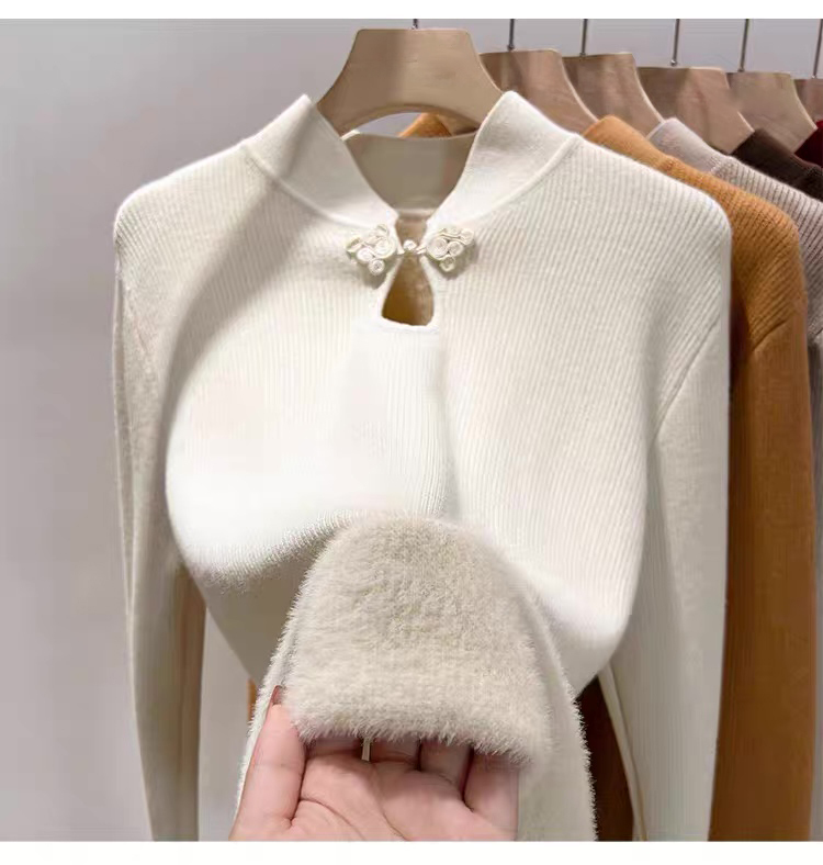 Elegant Mandarin Collar Ribbed Knit Sweater with Plush Cuffs & Floral Frog Closure