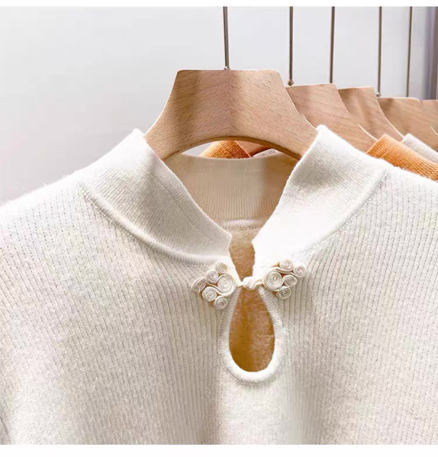 Elegant Mandarin Collar Ribbed Knit Sweater with Plush Cuffs & Floral Frog Closure
