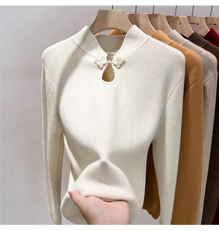 Elegant Mandarin Collar Ribbed Knit Sweater with Plush Cuffs & Floral Frog Closure