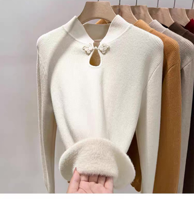 Elegant Mandarin Collar Ribbed Knit Sweater with Plush Cuffs & Floral Frog Closure