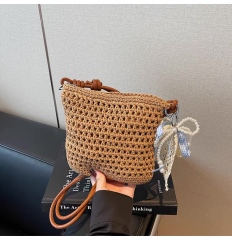 Pearl Charm Crochet Handbag – Handmade-Style Woven Shoulder Tote with Brown Handles